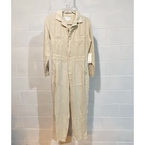 Mate The Label Womens Linen LS Jumpsuit SMALL in Natural Cropped Organic Pockets